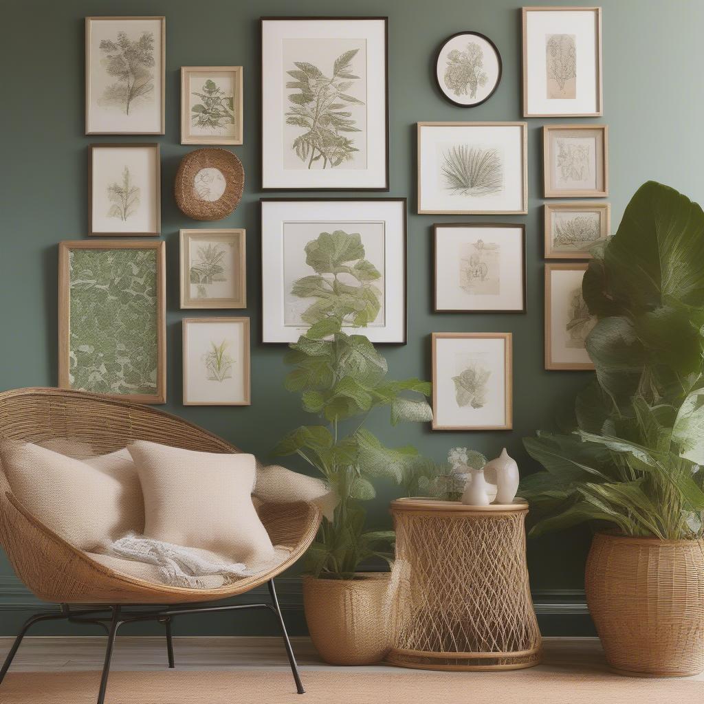 Framed Botanical Prints with Wicker and Rattan