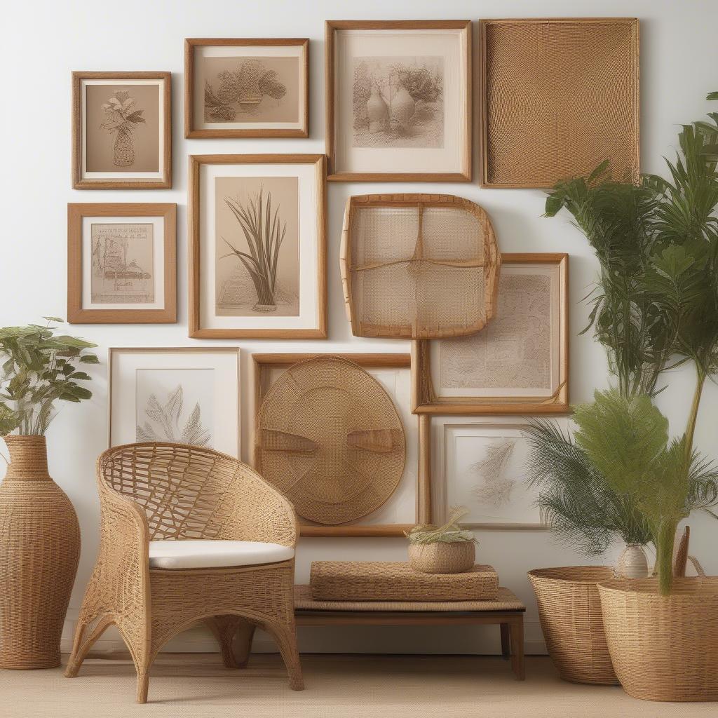 Variety of Wicker and Rattan Framed Pictures