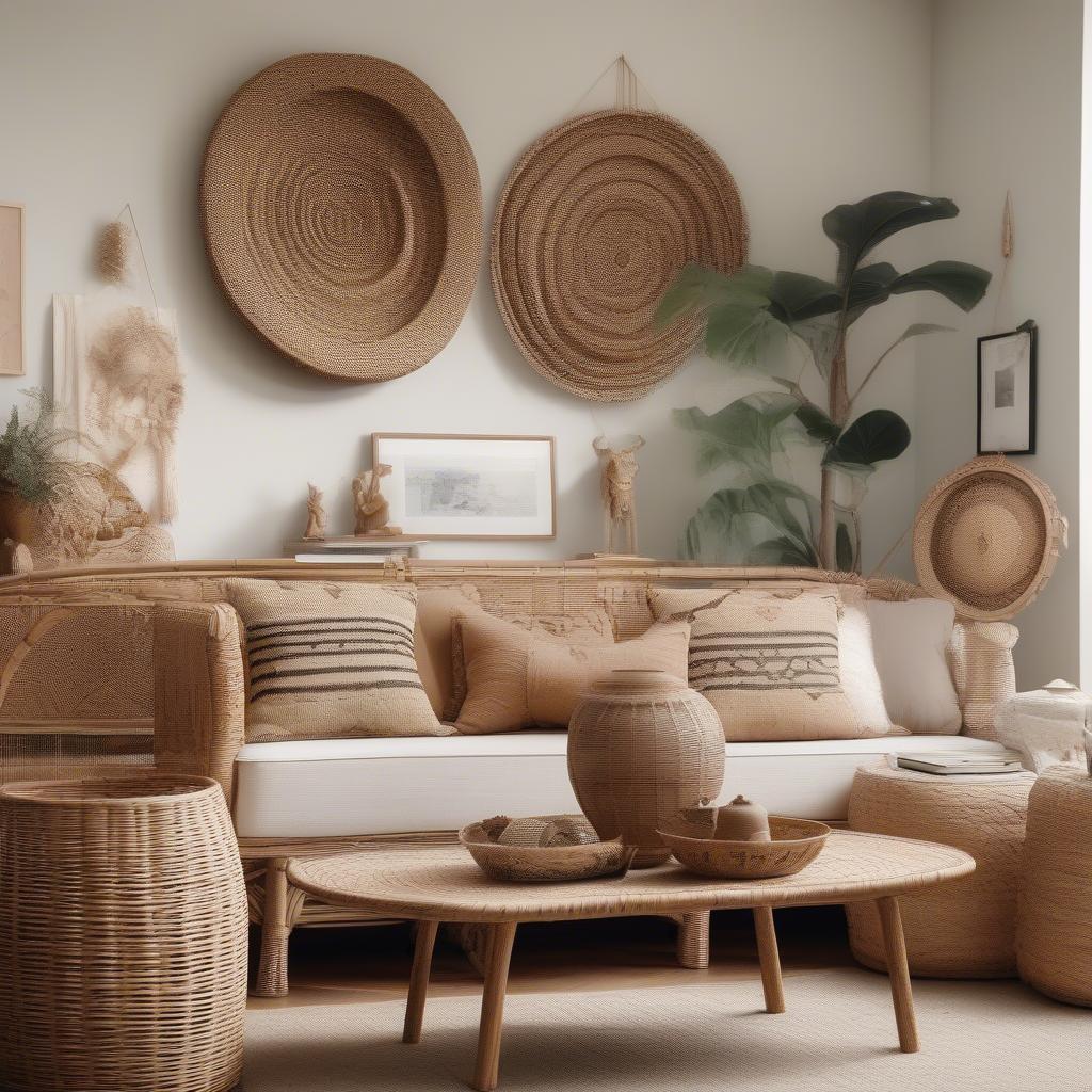 Wicker and rattan framed wall art in a living room setting