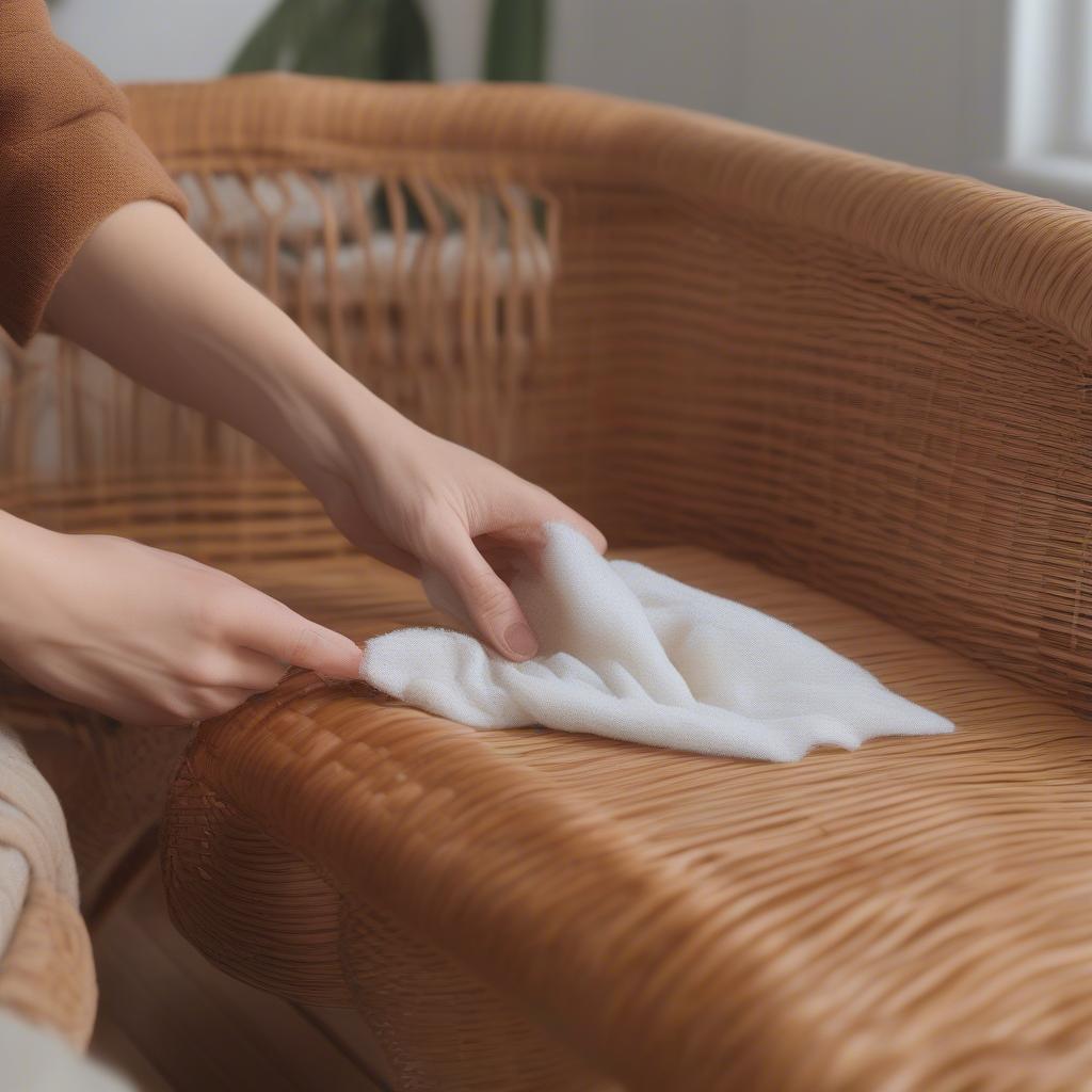 Cleaning and maintaining wicker and rattan furniture with simple tools like a soft cloth and mild soap solution.