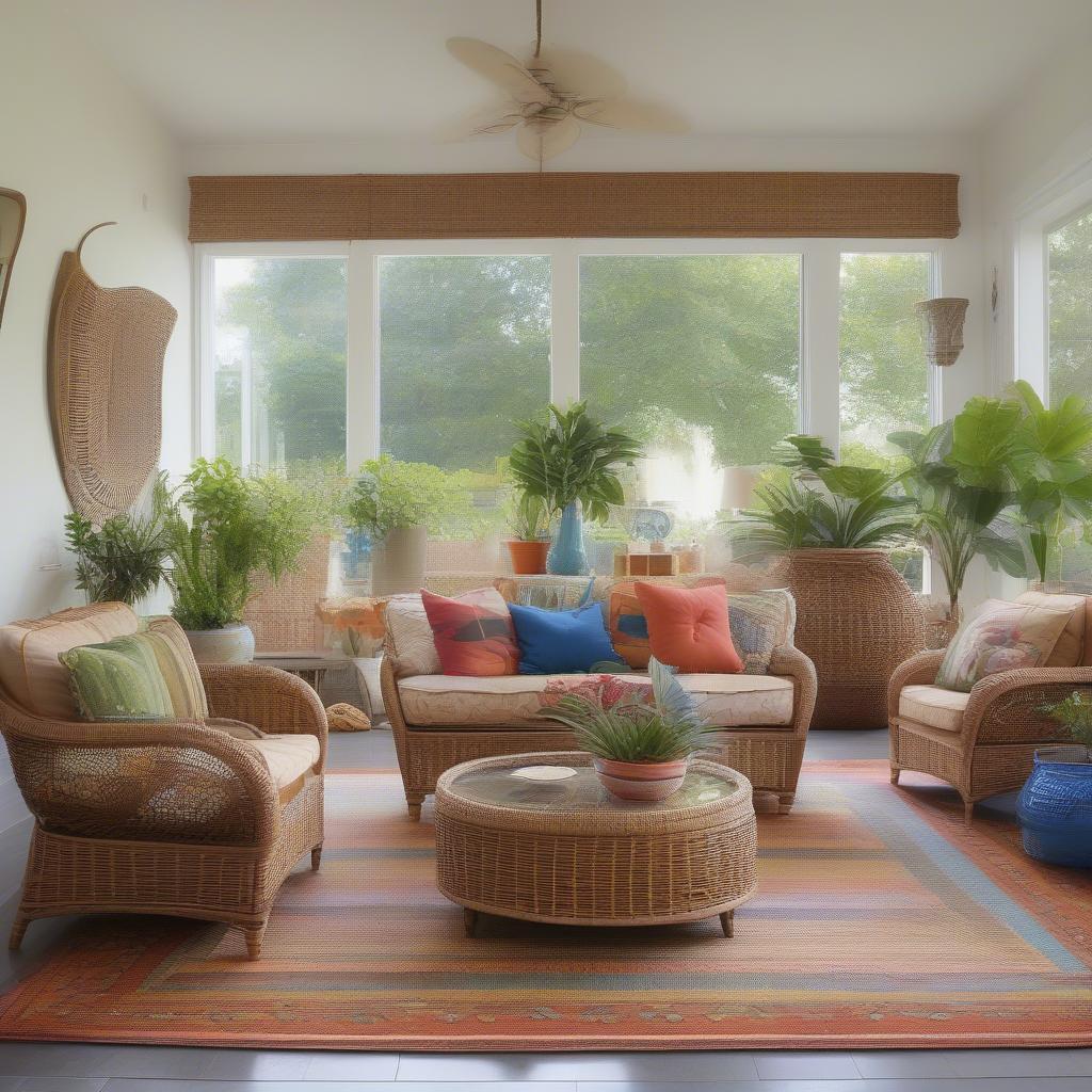 A living room furnished with wicker and rattan furniture, creating a relaxing and stylish space.