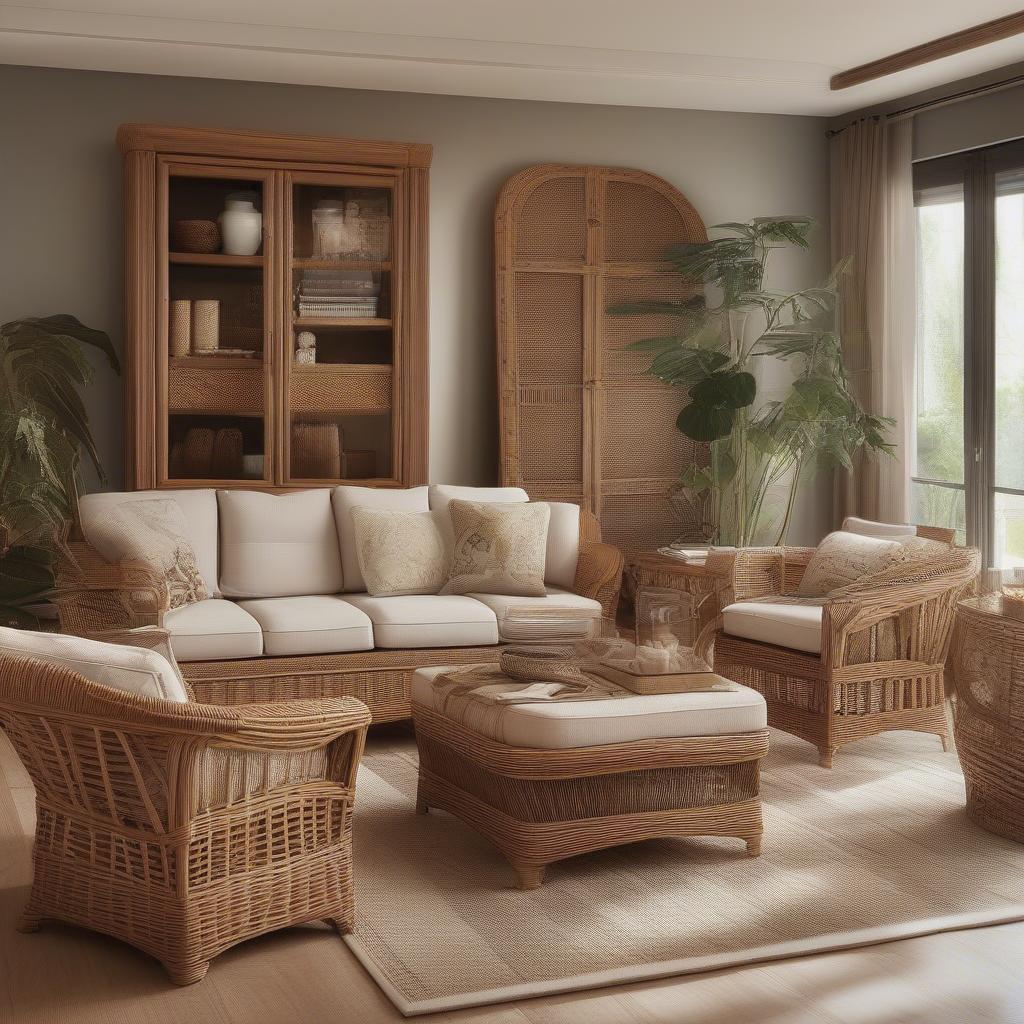 Wicker and rattan furniture in a modern living room setting