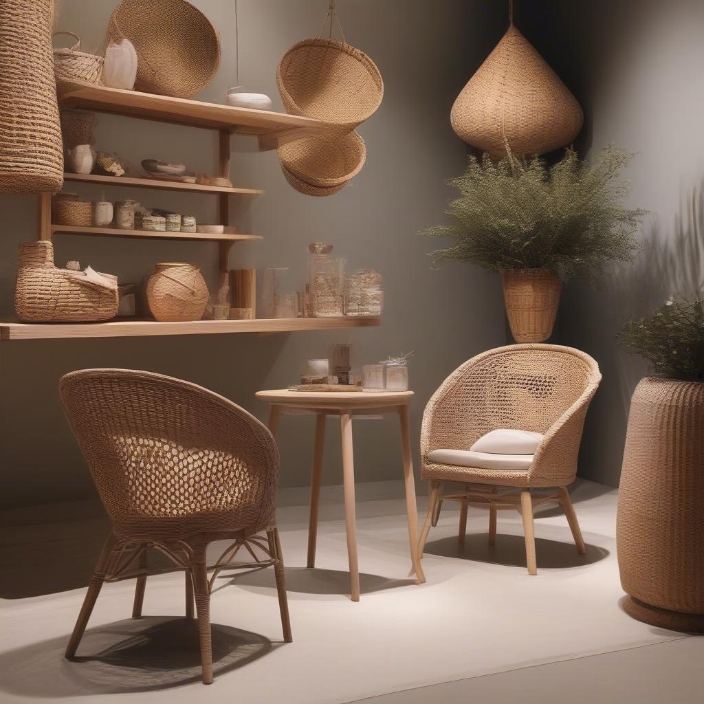 Wicker and rattan furniture in a small store setting.