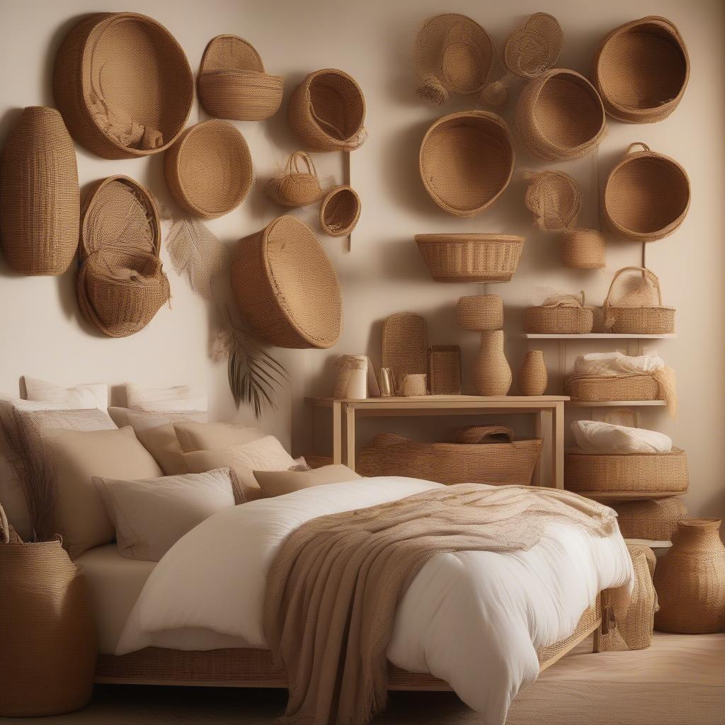 Wicker and rattan basket gallery wall in a romantic bedroom