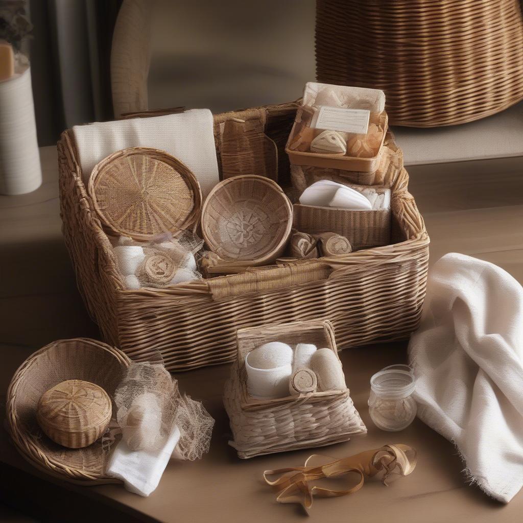 Wicker and rattan gift basket filled with handcrafted items