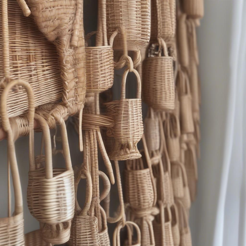 Close-up of handcrafted wicker and rattan glasses hooks.