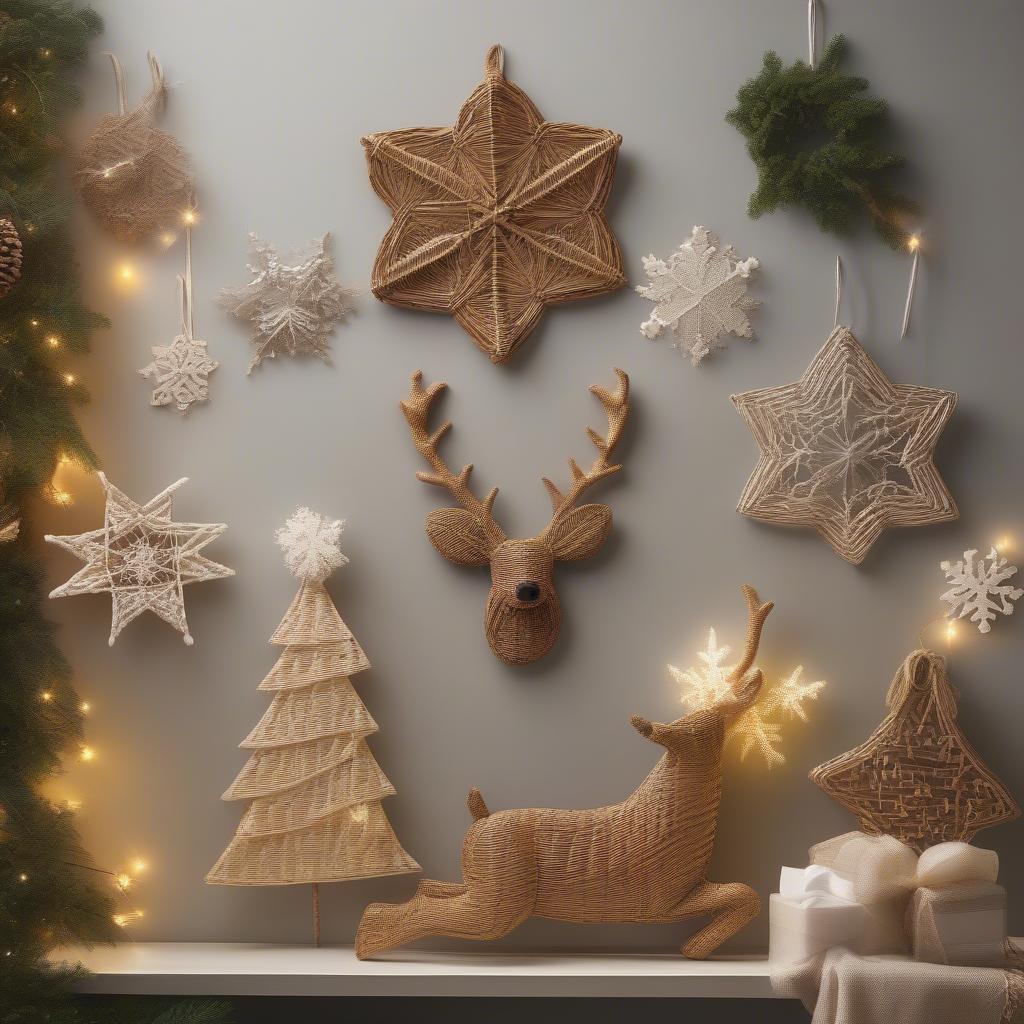 Wicker and rattan holiday wall hangings on a festive wall