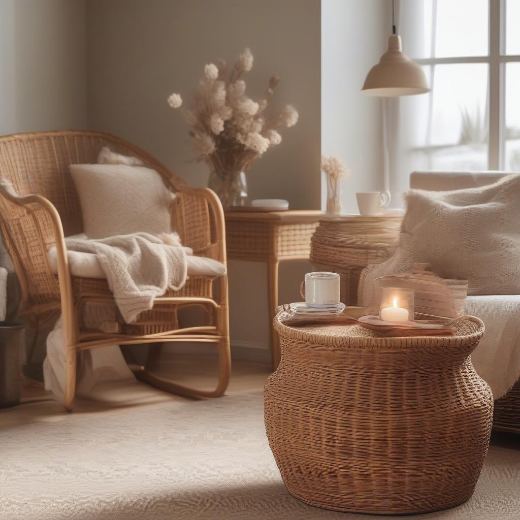 A beautifully decorated living room featuring wicker and rattan furniture and accents, creating a warm and inviting atmosphere.