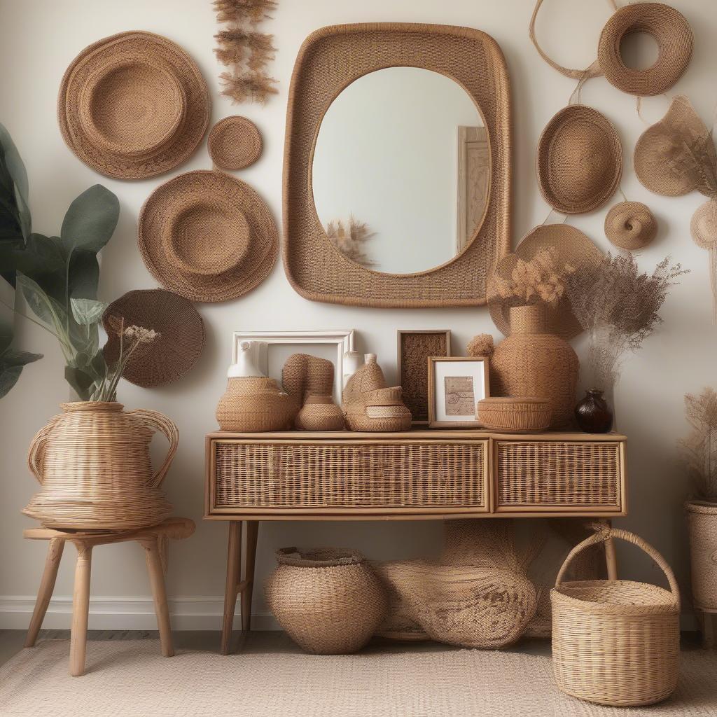 Wicker and rattan decor items, including picture frames and mirrors, add a touch of natural elegance to a modern home.