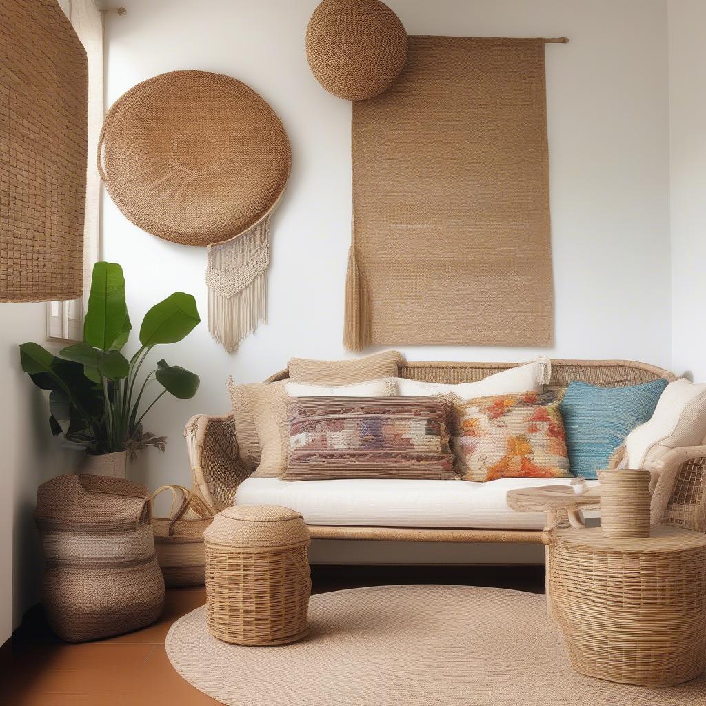 Wicker and rattan accents in a cozy living room setting, featuring baskets, wall decor, and furniture.