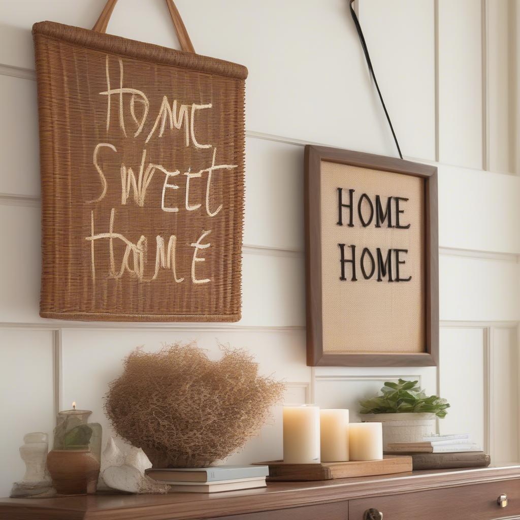 Wicker and rattan wall art depicting "Home Sweet Home" in a cozy living room setting