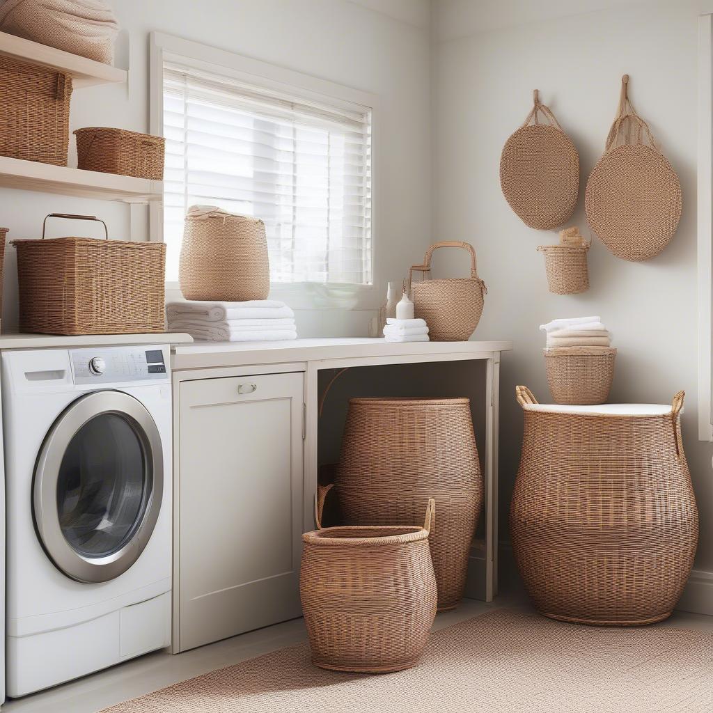 Wicker and Rattan Laundry Baskets in a Modern Laundry Room