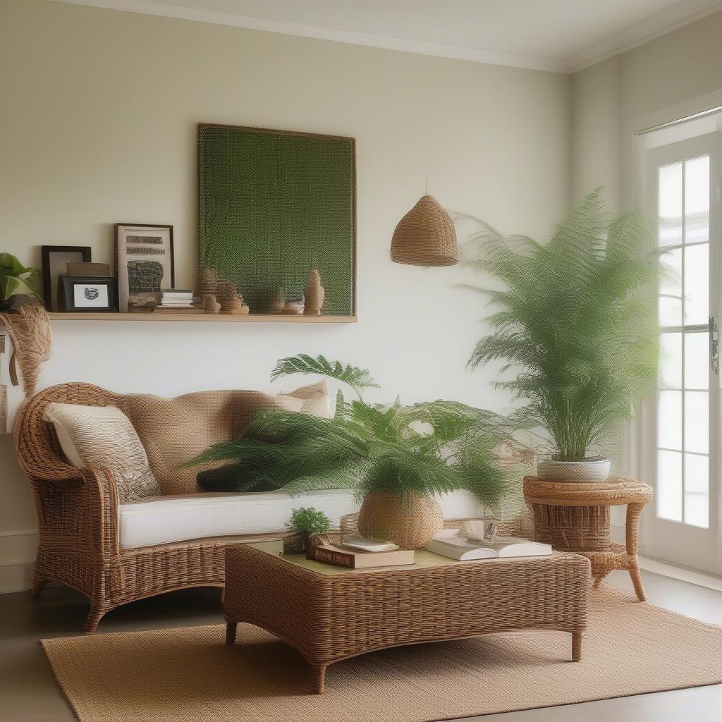 Wicker and Rattan Living Room Ideas: A bright and airy living room featuring a wicker coffee table, a rattan planter, and comfortable seating.