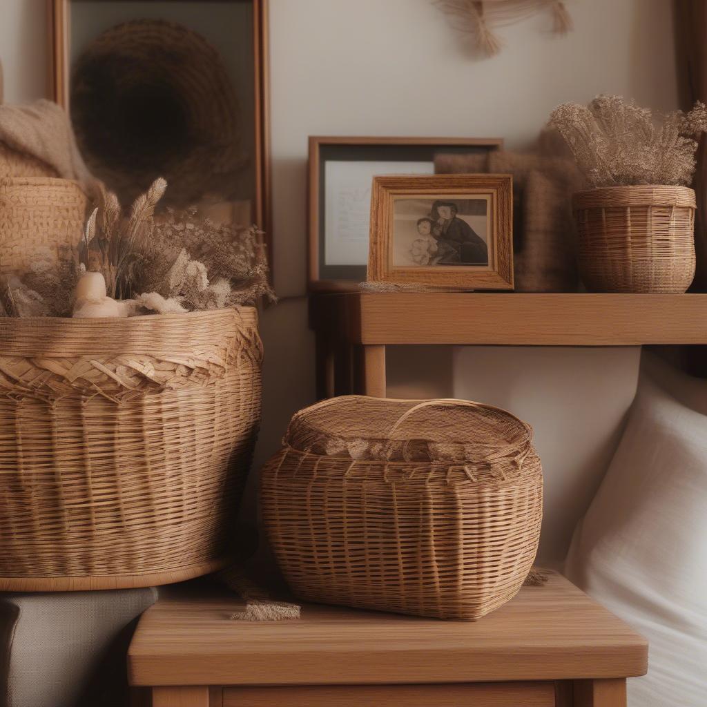 Wicker and rattan baskets filled with sentimental items symbolizing love and memories.