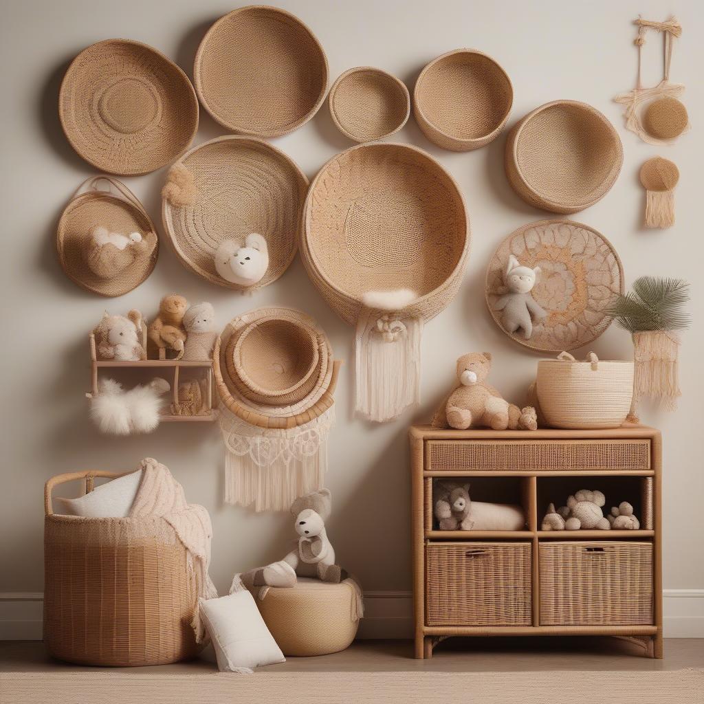 Wicker and Rattan Nursery Wall Decor: A beautiful nursery with a variety of wicker baskets and rattan wall hangings, creating a warm and inviting atmosphere.