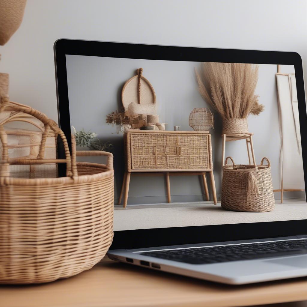 Artisan displaying their wicker and rattan creations on an online marketplace.