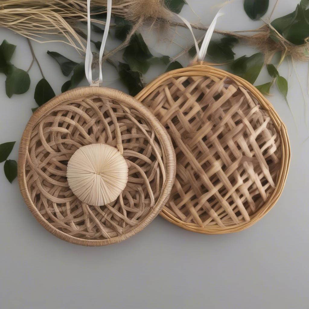 Side-by-side comparison of wicker and rattan custom picture ornaments, highlighting the differences in texture and weaving patterns.