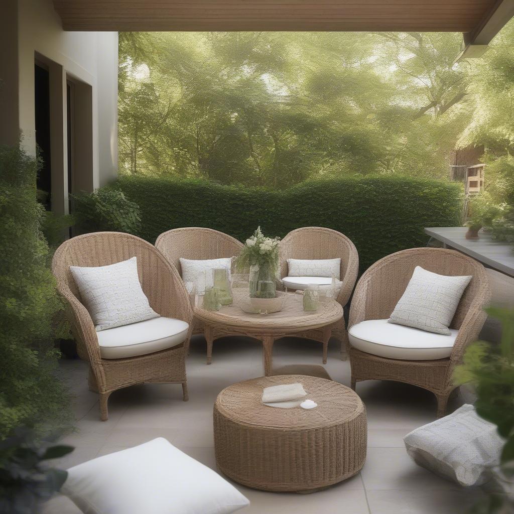 A patio furnished with wicker and rattan furniture, creating an inviting outdoor space.