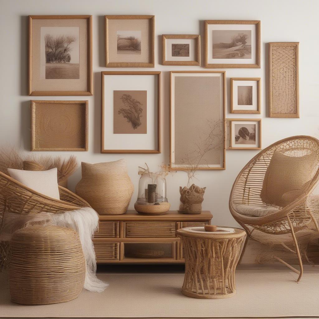 Incorporating wicker and rattan frames in a picture wall collage