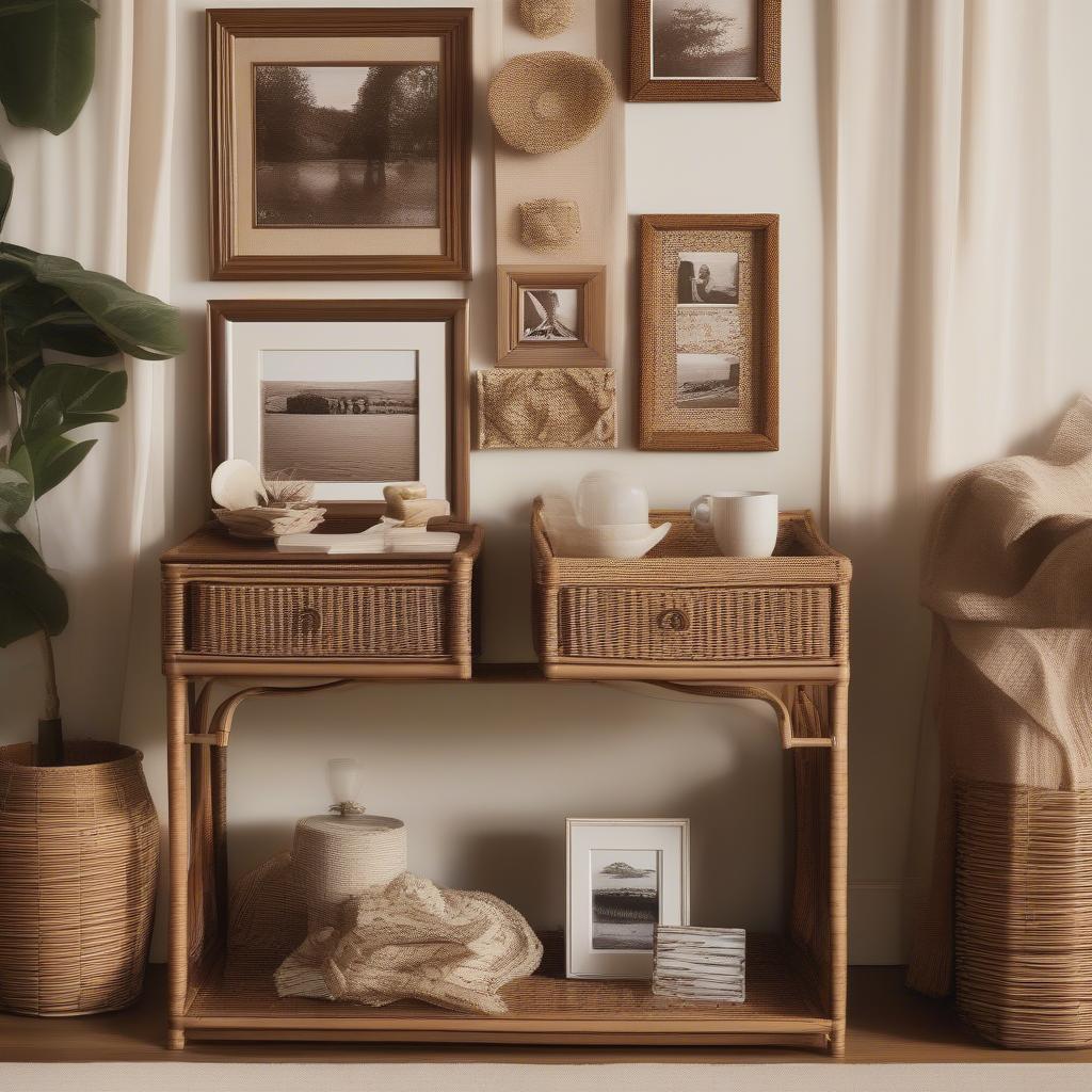 Wicker and rattan picture frames add a natural touch to a living room, displaying family photos on a side table.