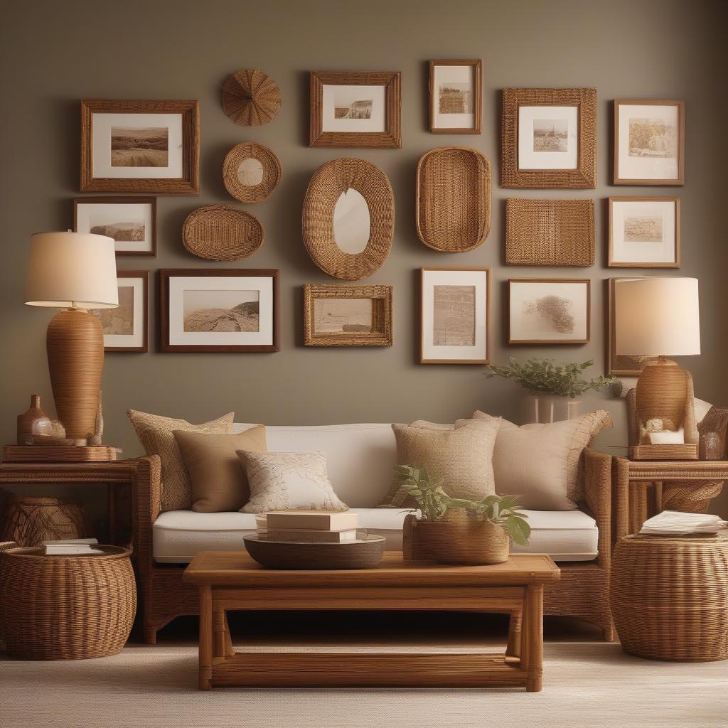 Wicker and rattan picture frames add a touch of natural elegance to a living room setting.