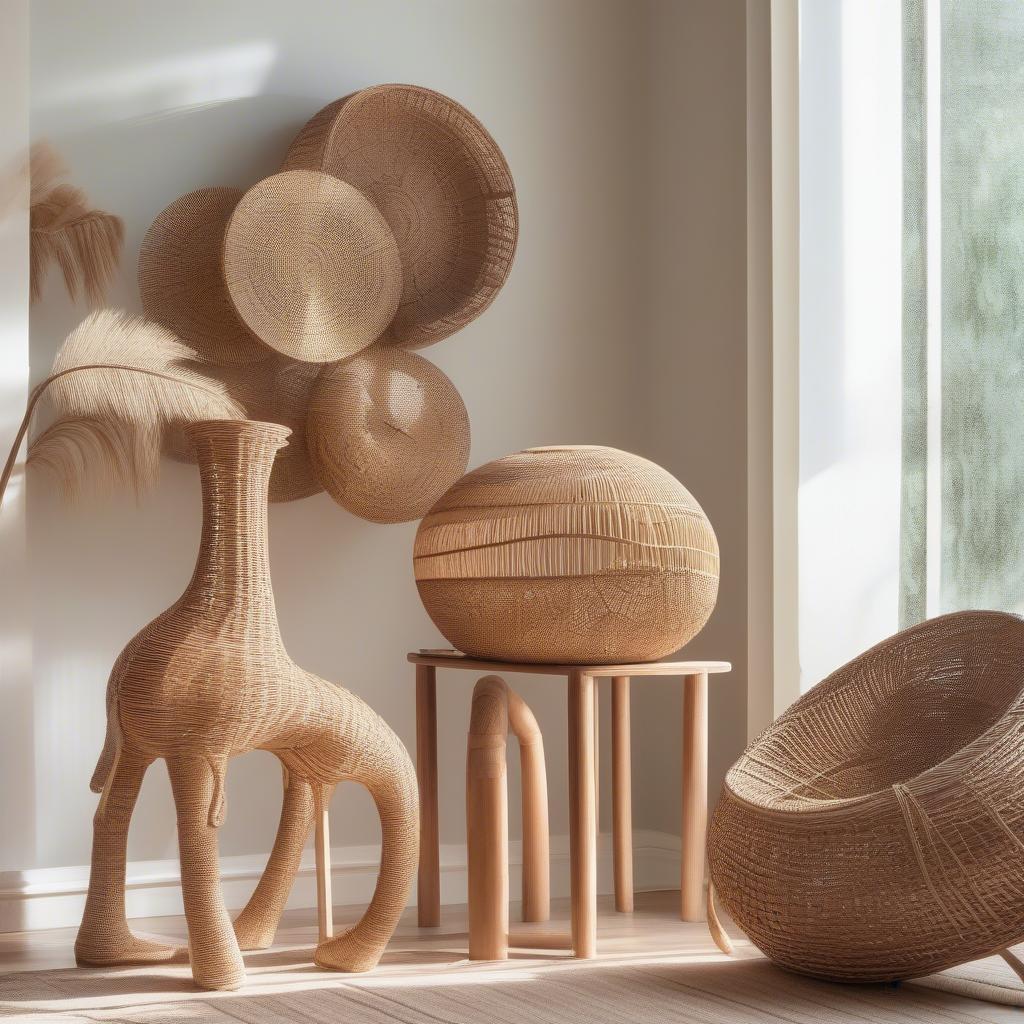 Wicker and rattan sculptures as unique living room art