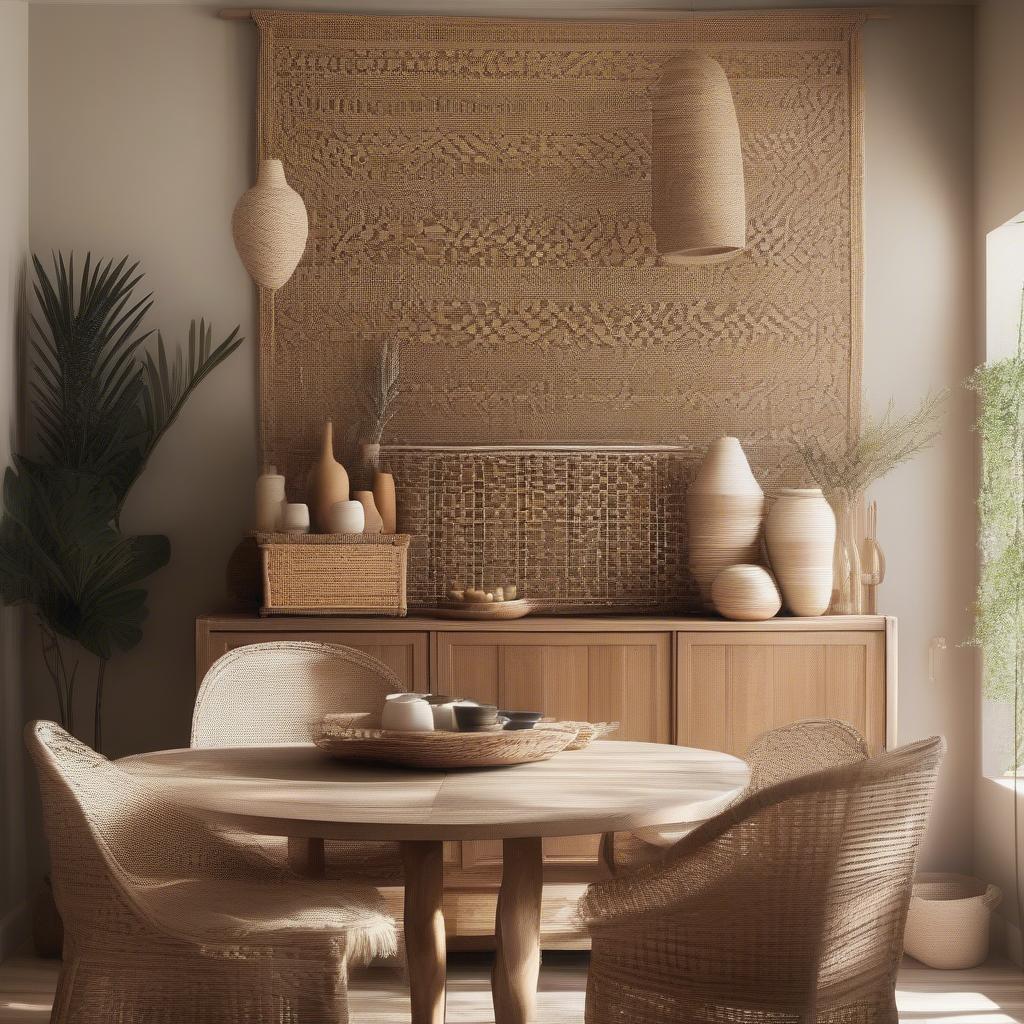 Wicker and Rattan Wall Art in a Dining Room