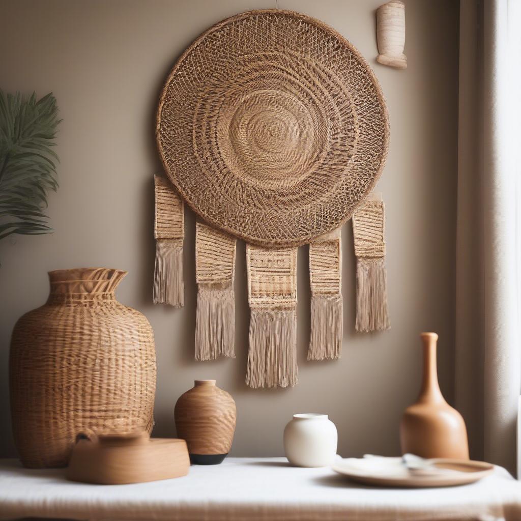 Wicker and rattan wall art adds a touch of natural elegance to a dining room setting.