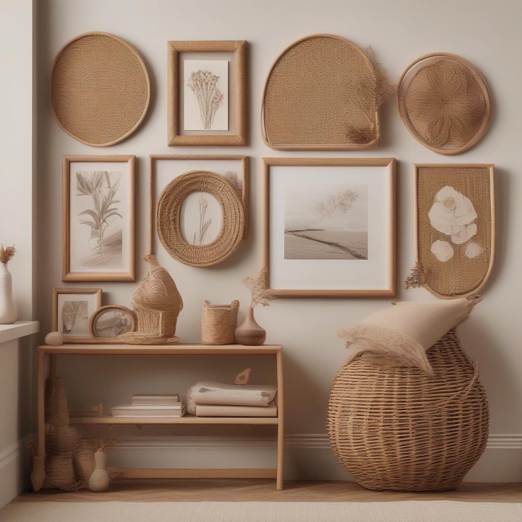 Wicker and rattan wall art frames add a touch of natural elegance to a bedroom setting, showcasing various artwork and photographs.