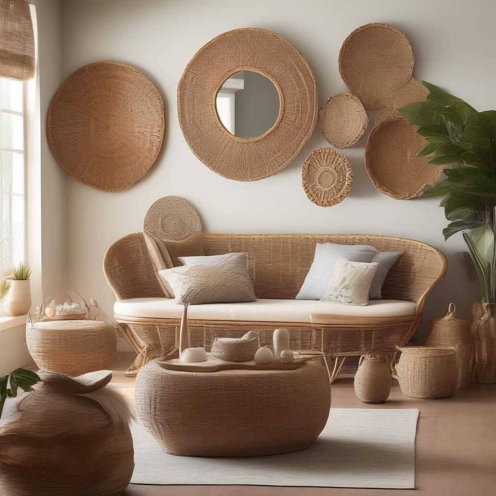 Wicker and rattan wall art adds a touch of organic elegance to a living room, showcasing various styles and sizes.