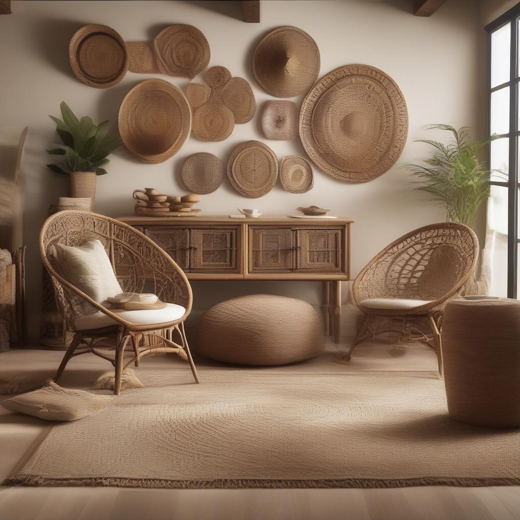 Wicker and rattan wall art decorates a bohemian-style living room, adding texture and warmth