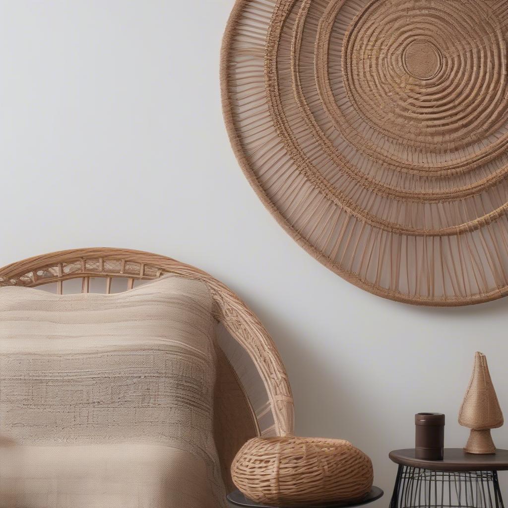 Wicker and rattan wall art in a modern living room setting.