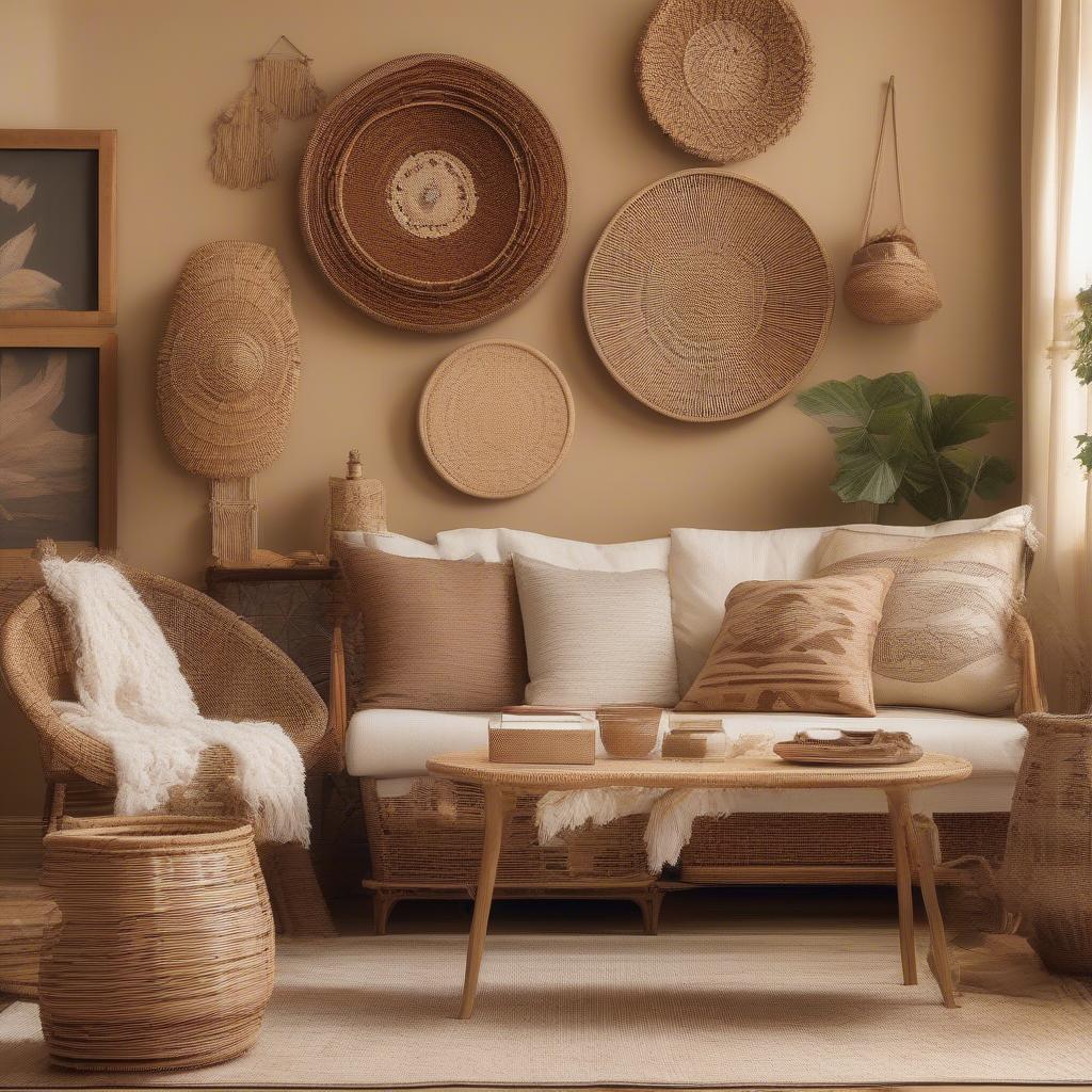 Wicker and rattan wall decor in a family room