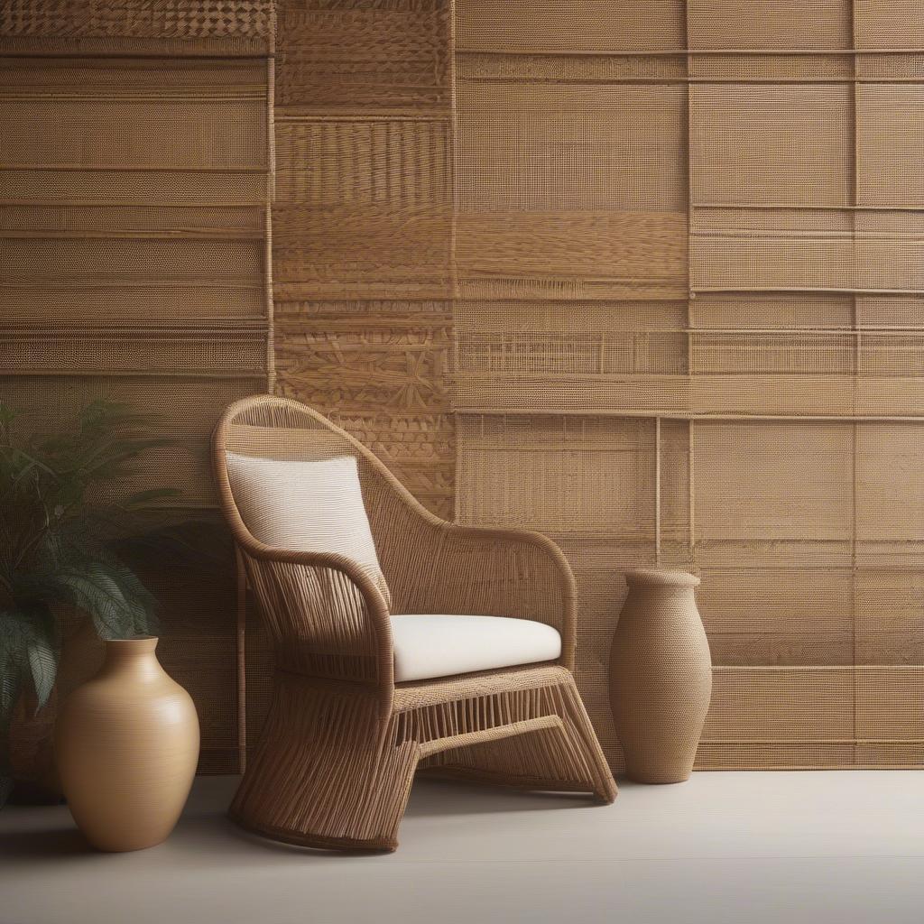 Wicker and rattan wall decor in a dining room setting, showcasing the natural textures and intricate weaving patterns.