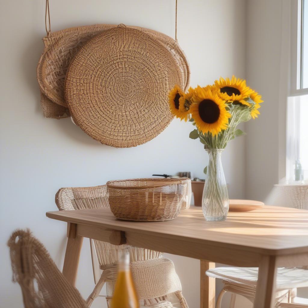 Wicker and Rattan Wall Decor in a Kitchen Dining Area