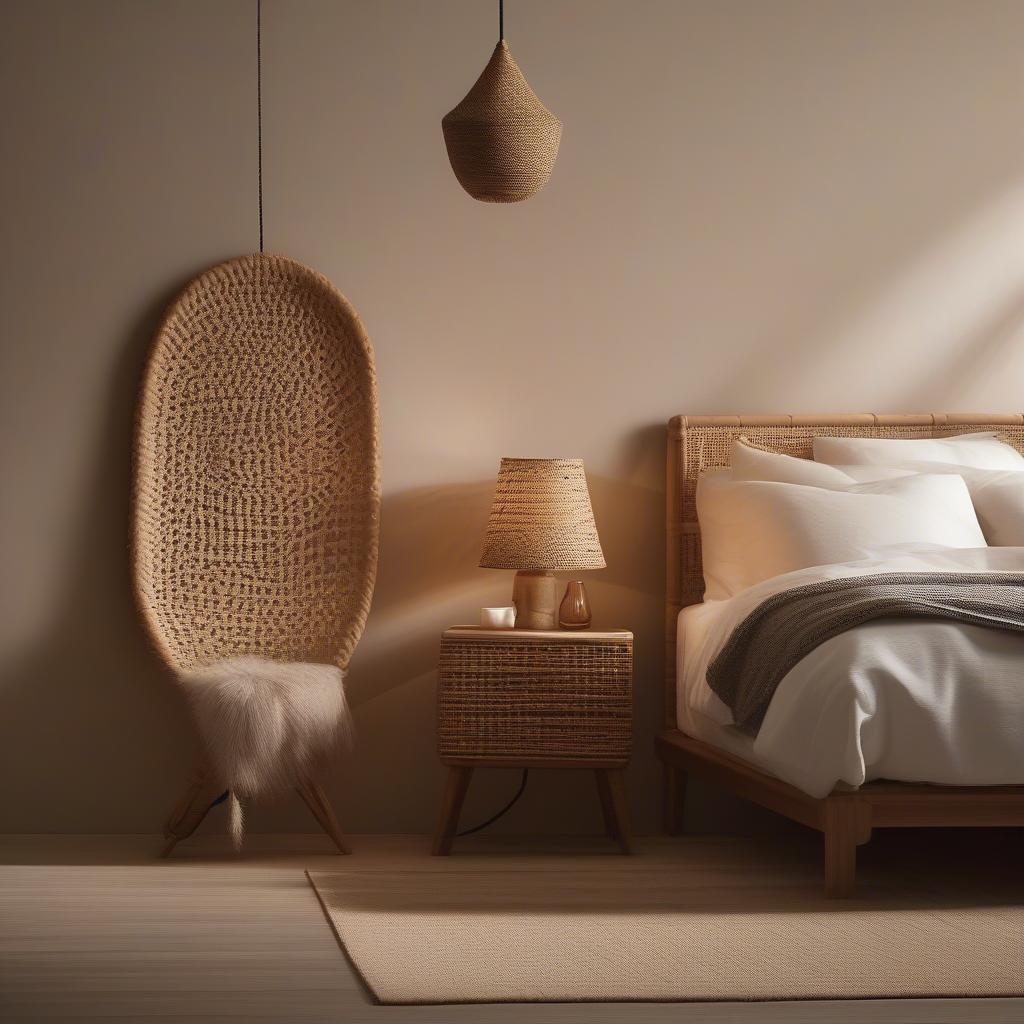 Wicker and rattan wall decor illuminated by strategically placed lighting