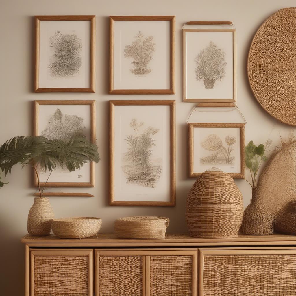 Wicker and rattan wall frames in a bohemian home