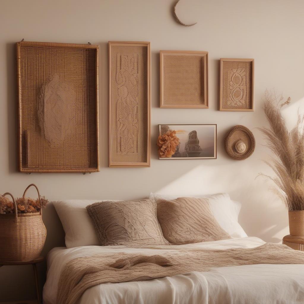 Wicker and rattan wall frames add a touch of bohemian chic to a bedroom, creating a warm and inviting atmosphere.