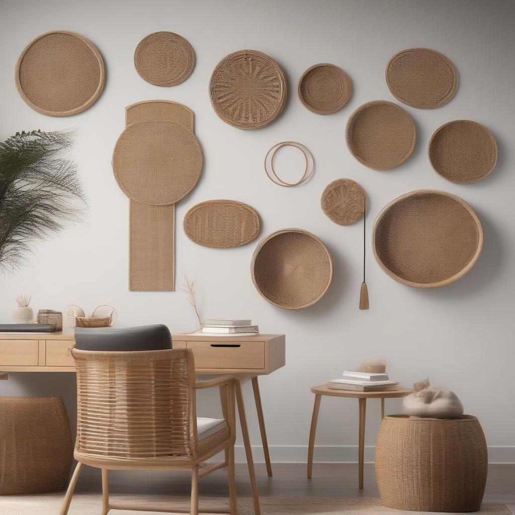 Wicker and rattan wall plaques add a touch of natural elegance to a modern office space.