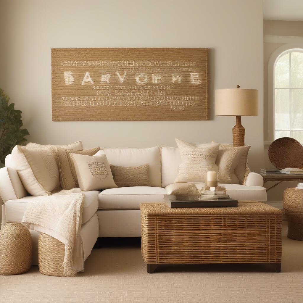 Wicker and rattan word art adds a touch of natural elegance to a living room.