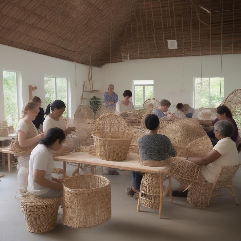 A group of aspiring artisans learning wicker and rattan weaving techniques from an experienced instructor, embodying the fearless sign in a collaborative learning environment.