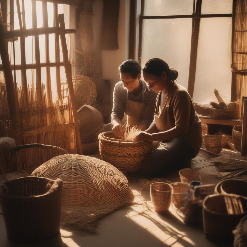 Couple Working in Wicker and Rattan Workshop