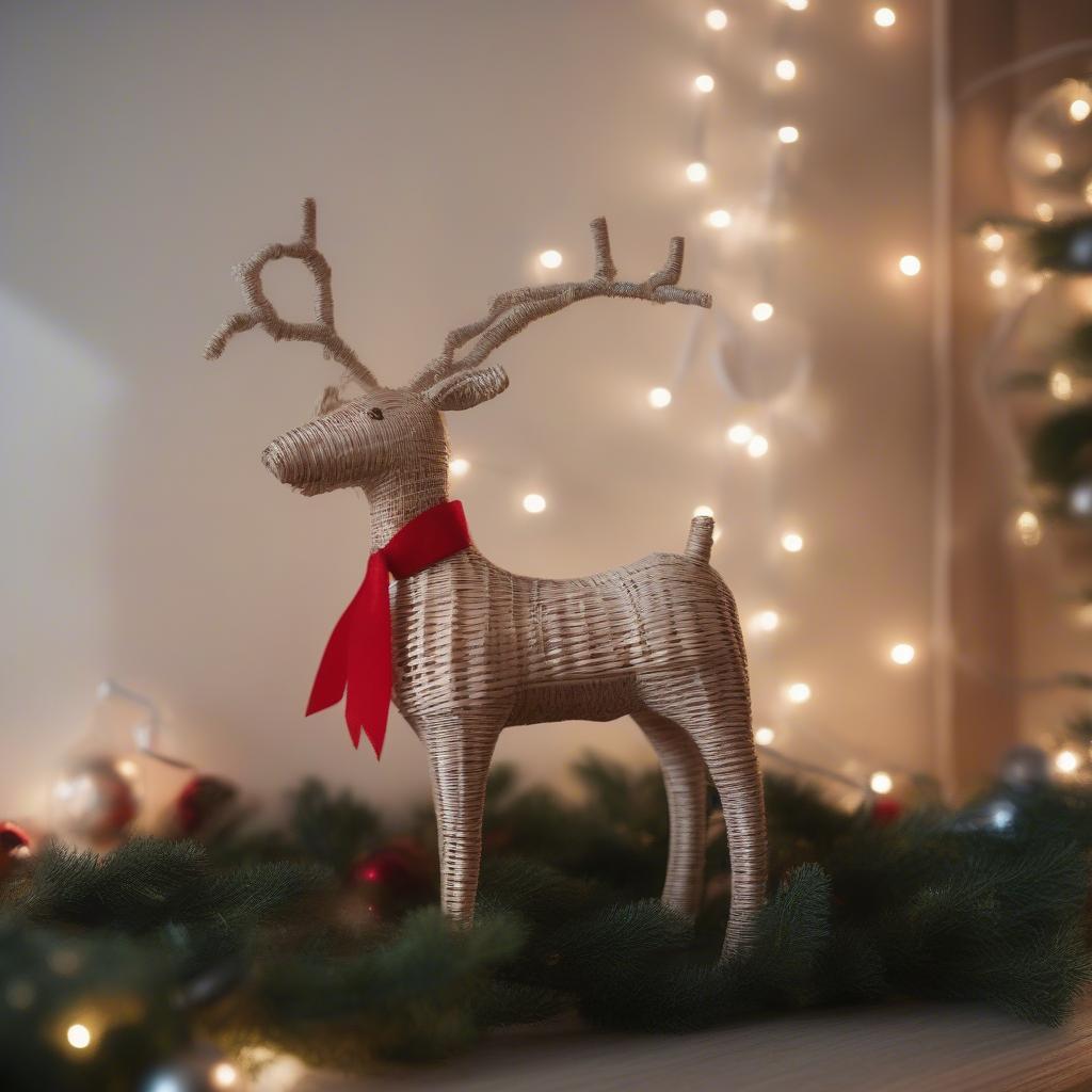 Wicker reindeer Christmas decoration with festive red bow and "Merry Christmas Ya Filthy Animal" tag