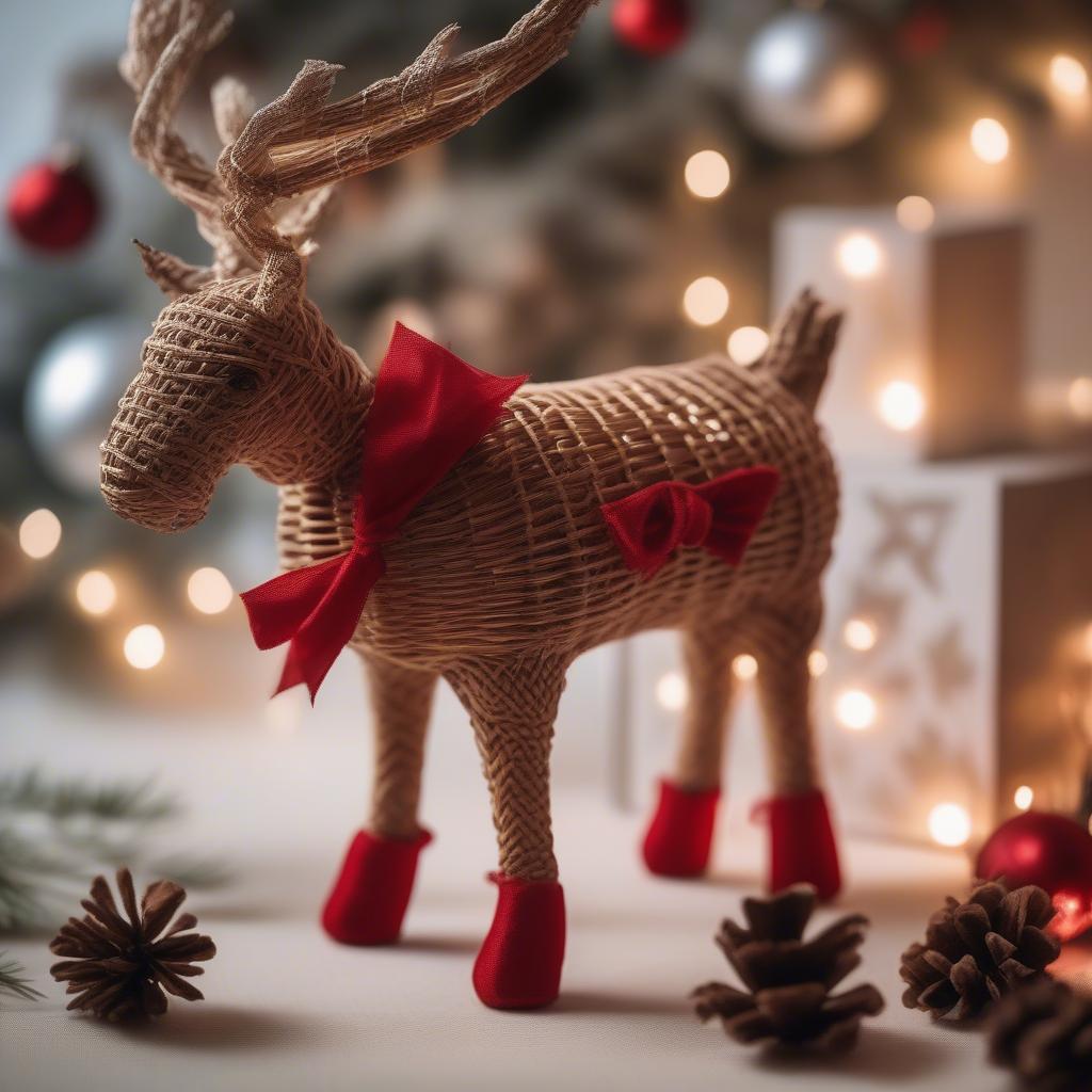 Wicker reindeer Christmas decoration adds a rustic charm to holiday decor.