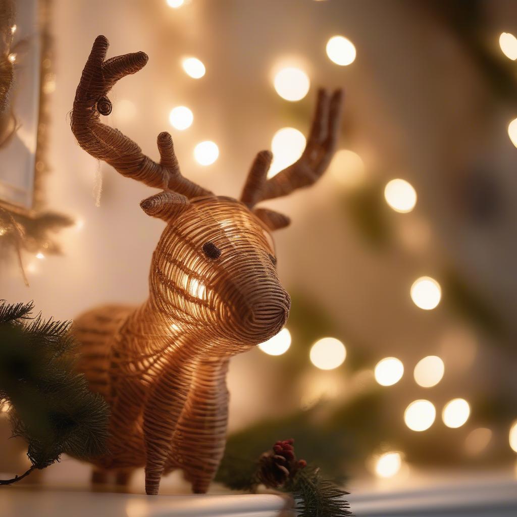 Wicker reindeer Christmas decoration displayed on a mantelpiece.