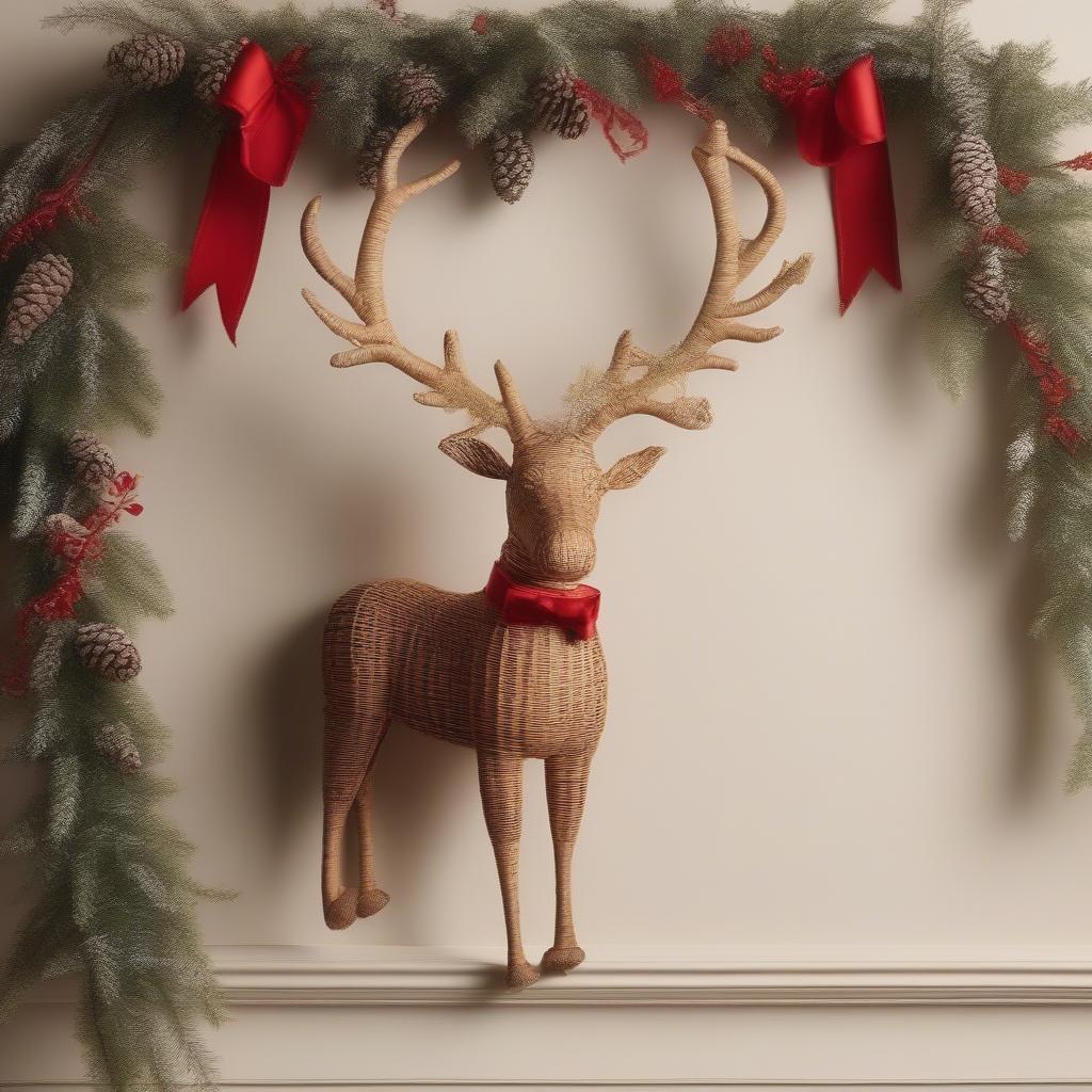 Wicker reindeer holiday wall decor adds a rustic charm to a festive living room setting.