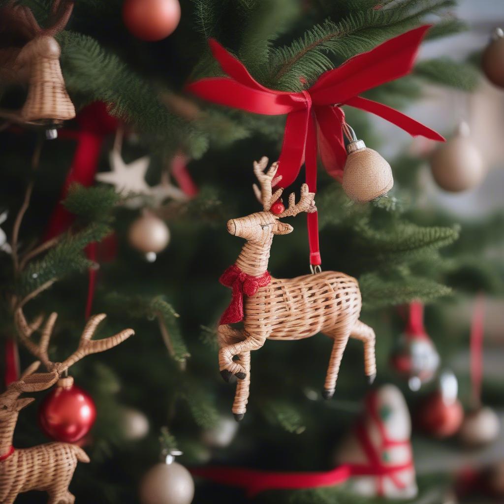 Wicker Reindeer Ornaments on Christmas Tree