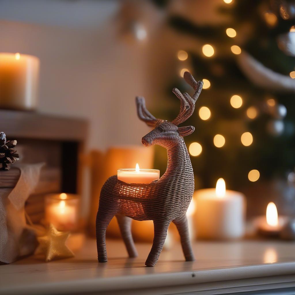 Wicker Reindeer Tealight Holder with Flickering Candlelight