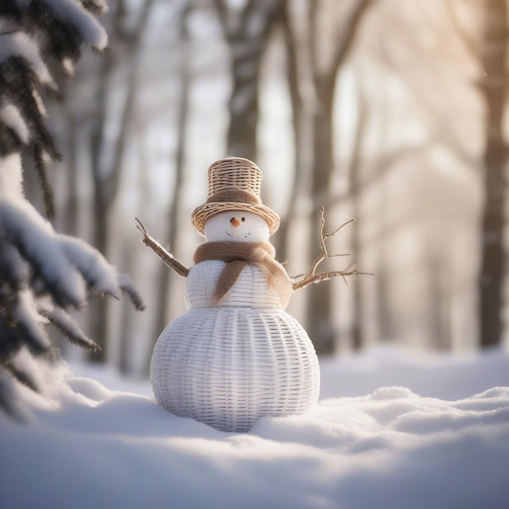 Wicker Snowman Standing Among Snowy Trees in a Winter Forest