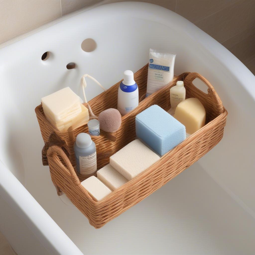 Wicker soap dish bathtub caddy with compartments for soap, sponge, and other bath essentials.